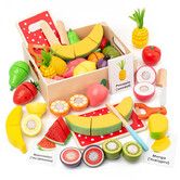 Wooden Play Food Toy Set For Kids Kitchen 19 Pcs Montessori Cutting Color Sorting Fake Fruit With Boxes Pretend Play Toys Birthday Gifts For Kids