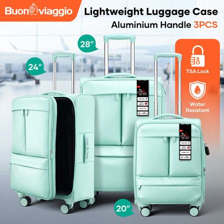 3 Piece Luggage Suitcase Set Soft Sided Carry On Spinner Travel Case Cabin Traveller Bags Expandable Travelling TSA Lock Trolley Rolling Hand Baggage