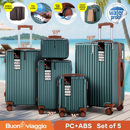 5 Piece Luggage Travel Set Hard Shell Carry On Checked Suitcases Lightweight Trolley TSA Lock Rolling Travelling Hand Baggage Vanity Bag Front Hook