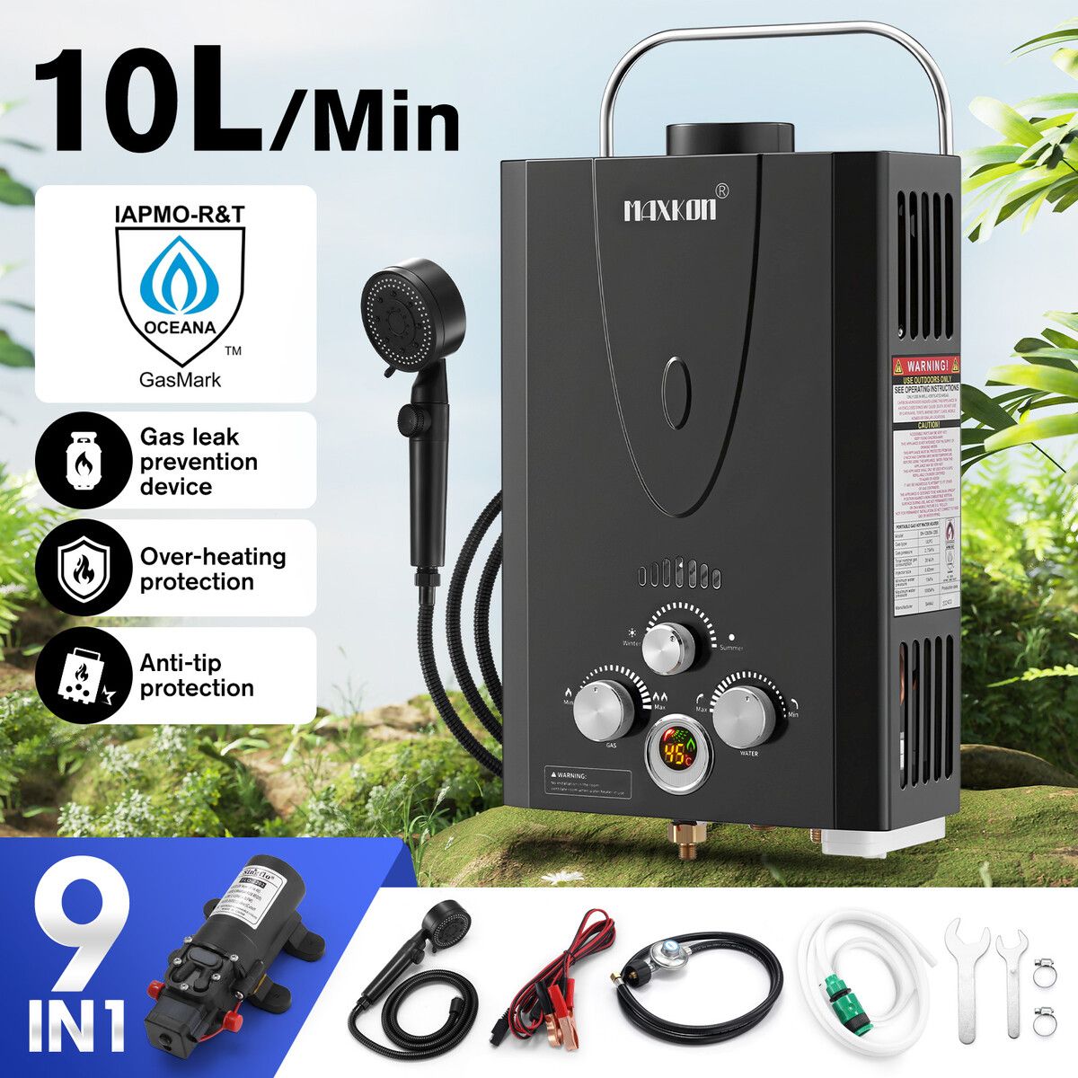 Maxkon Gas Hot Water Heater 9 in 1 10L Tankless Portable Camping Shower Pump System ULPG Instant Heating Outdoor RV Caravan Motorhome Trailer Black