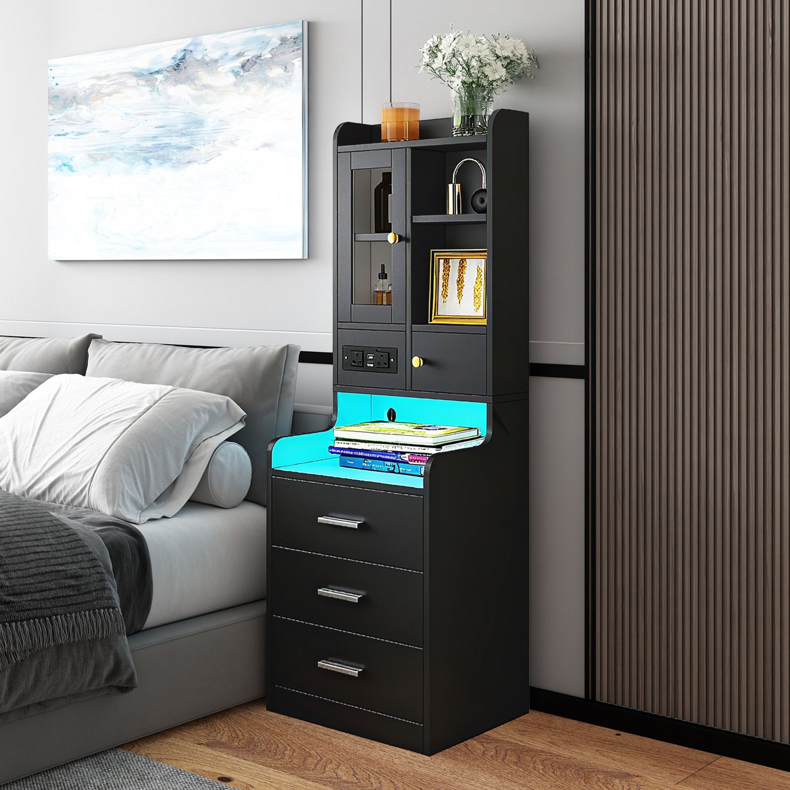 Bedside Table Bookshelf LED Nightstand Lamp Cabinet Wooden Shelving Unit Storage Drawers Shelves Compartments Stand Charging Station Acrylic Door