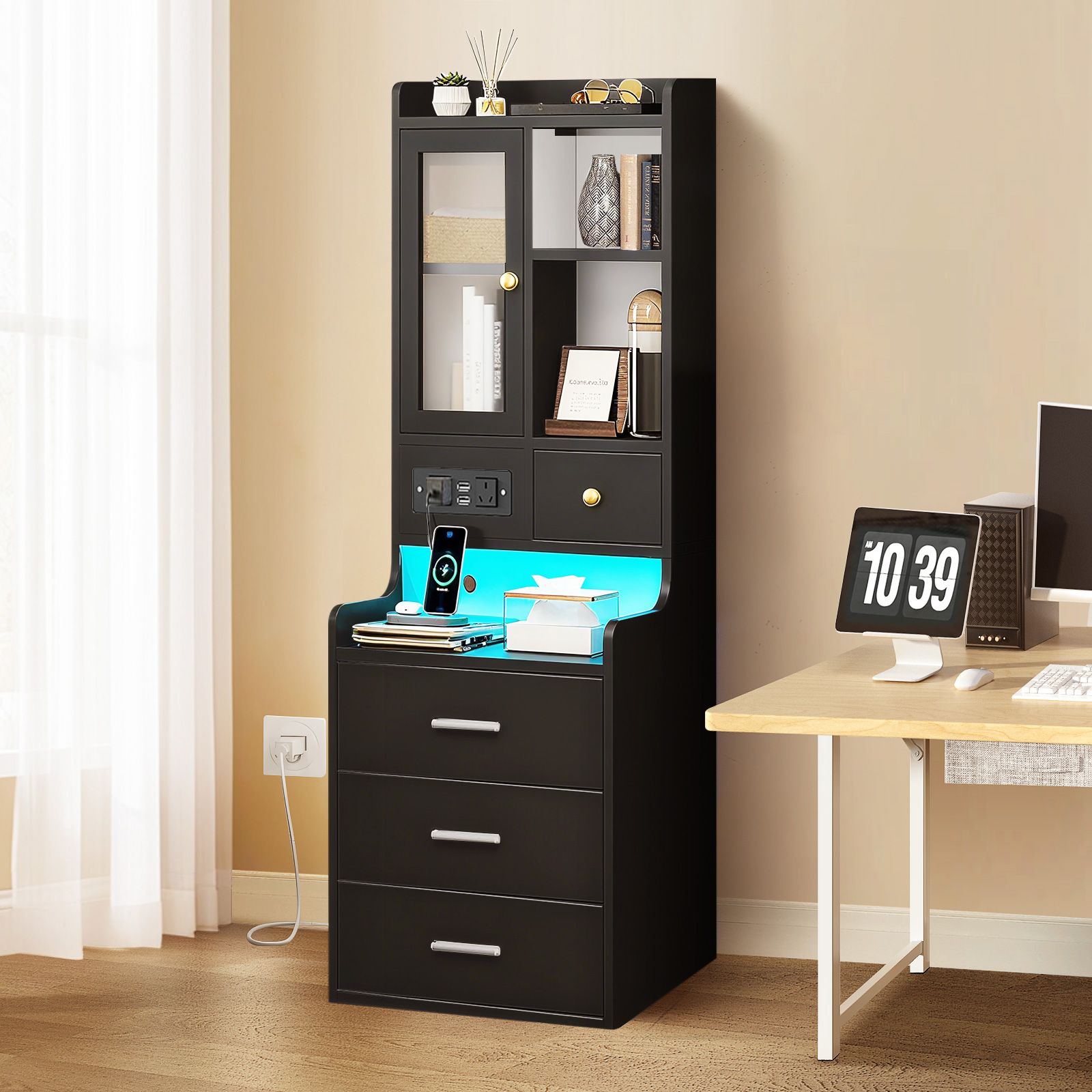 Bedside Table Bookshelf LED Nightstand Lamp Cabinet Wooden Shelving Unit Storage Drawers Shelves Compartments Stand Charging Station Acrylic Door