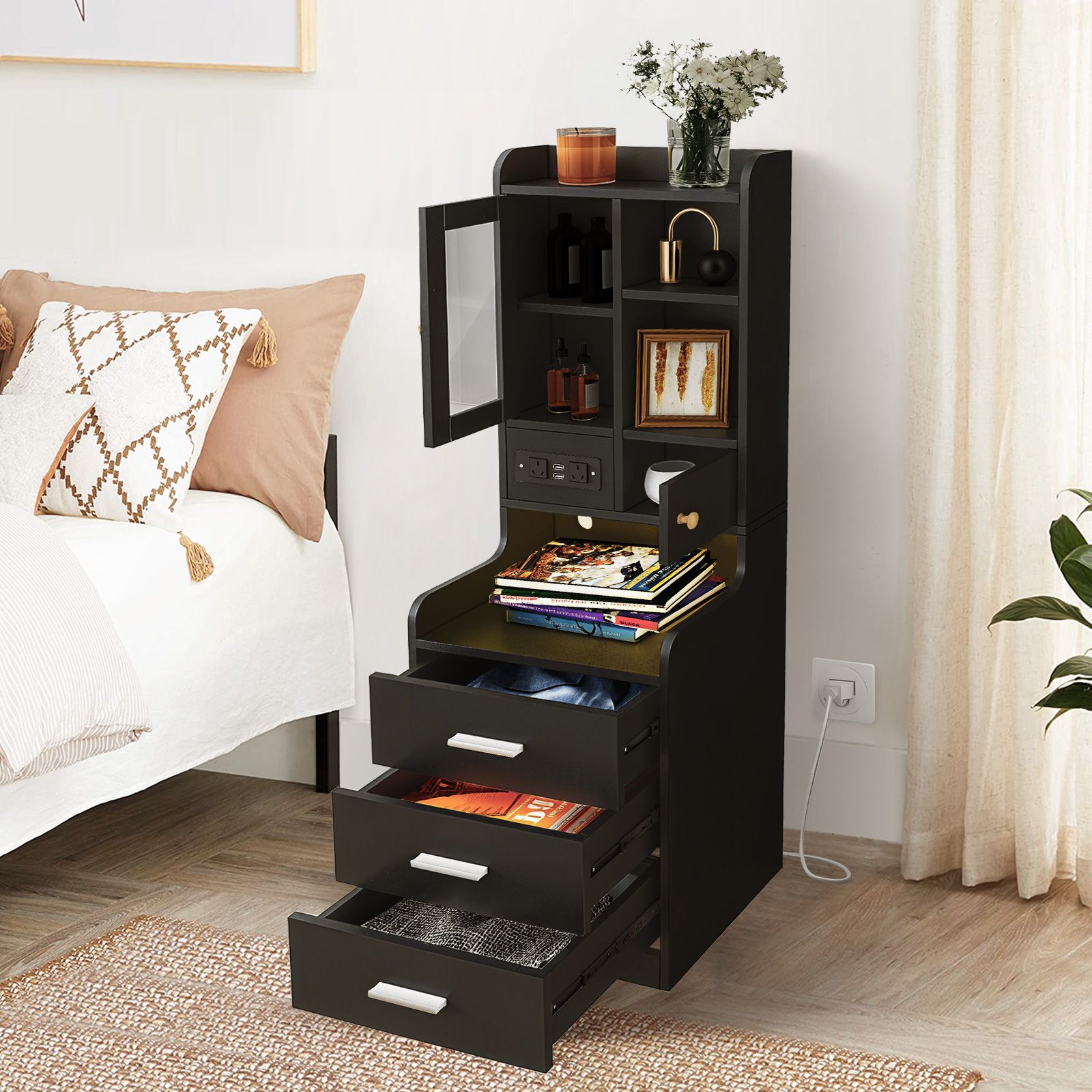 Bedside Table Bookshelf LED Nightstand Lamp Cabinet Wooden Shelving Unit Storage Drawers Shelves Compartments Stand Charging Station Acrylic Door