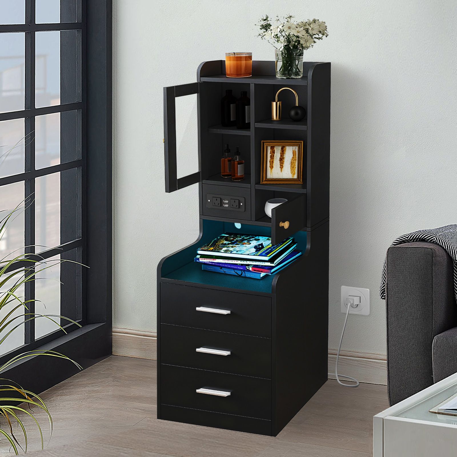 Bedside Table Bookshelf LED Nightstand Lamp Cabinet Wooden Shelving Unit Storage Drawers Shelves Compartments Stand Charging Station Acrylic Door