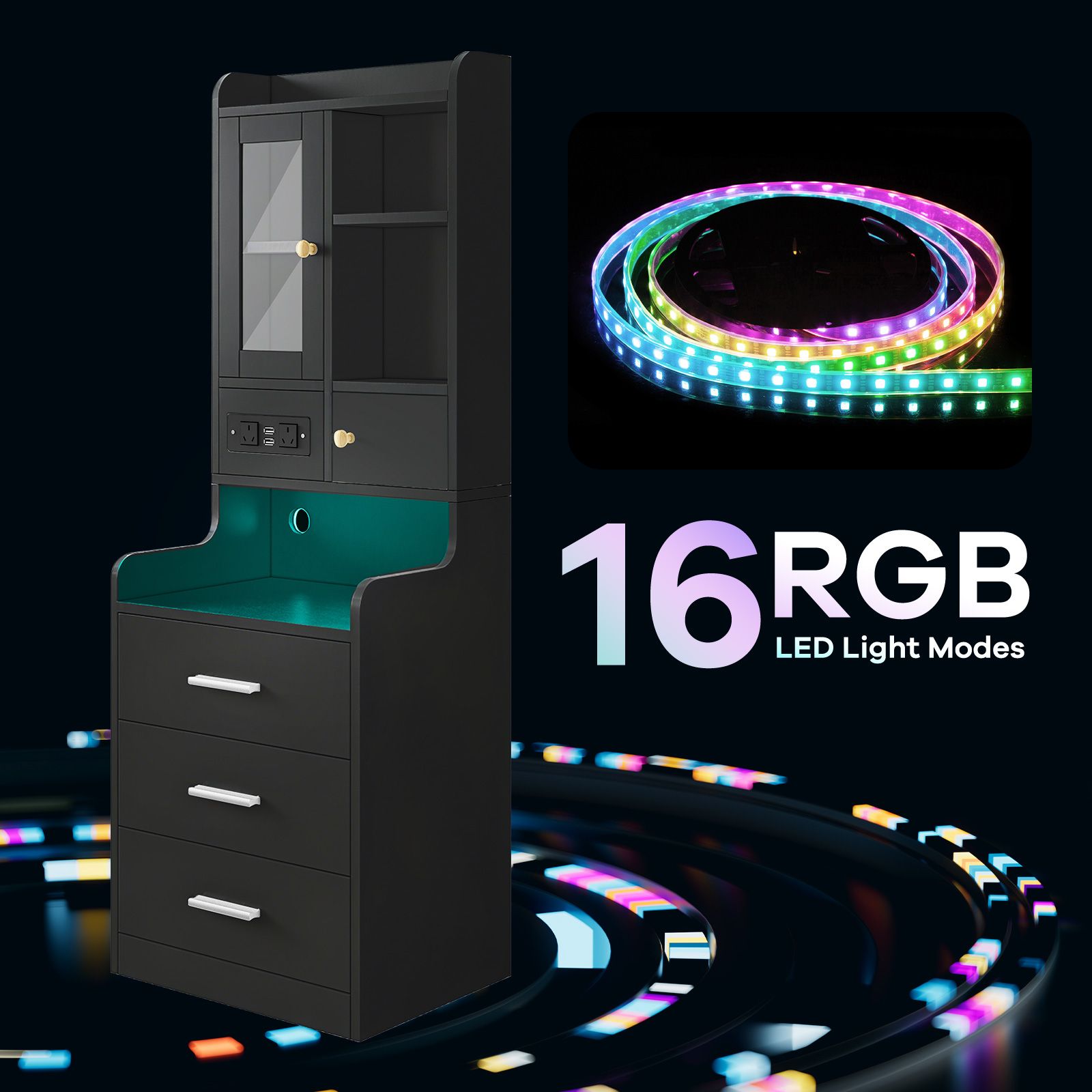 Bedside Table Bookshelf LED Nightstand Lamp Cabinet Wooden Shelving Unit Storage Drawers Shelves Compartments Stand Charging Station Acrylic Door
