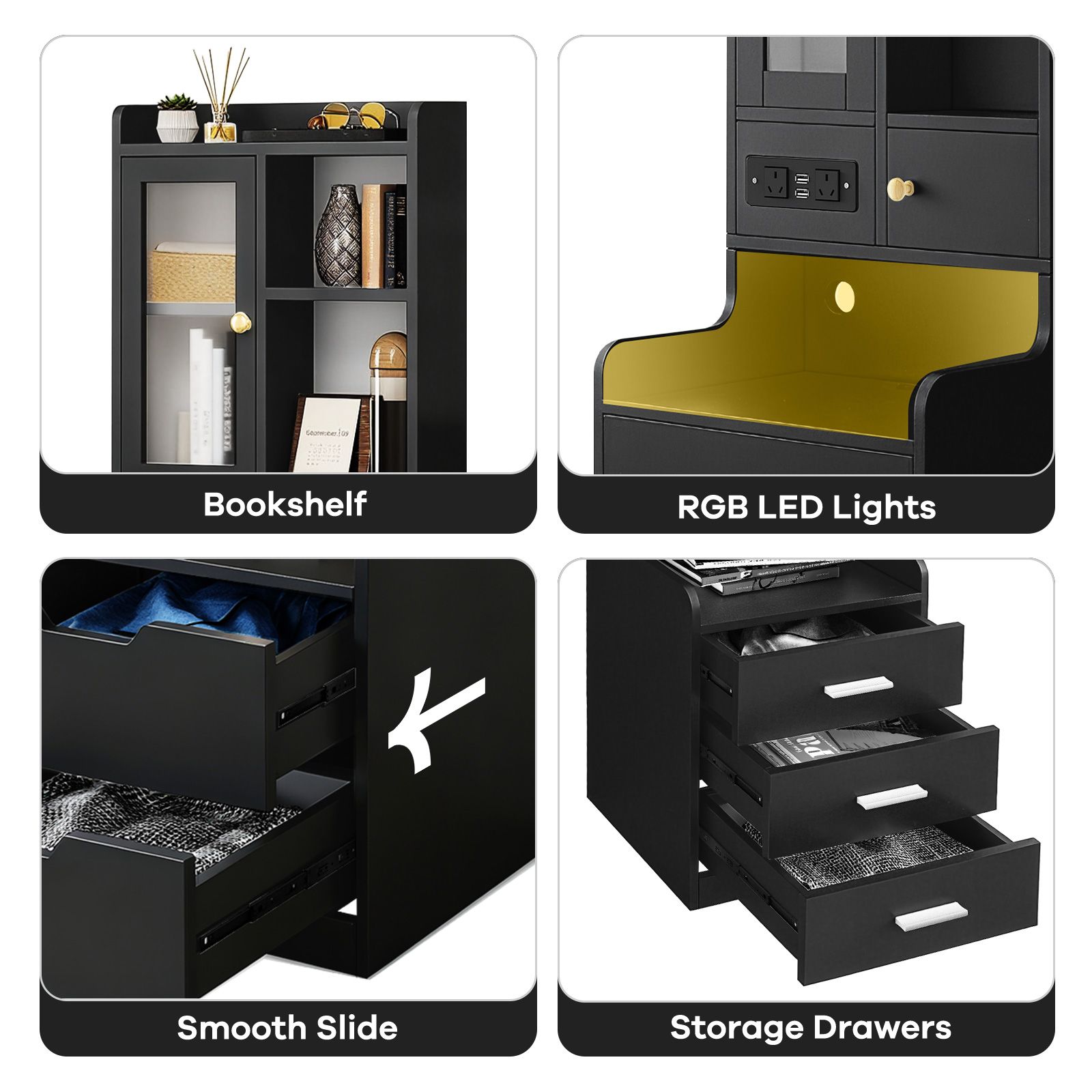 Bedside Table Bookshelf LED Nightstand Lamp Cabinet Wooden Shelving Unit Storage Drawers Shelves Compartments Stand Charging Station Acrylic Door