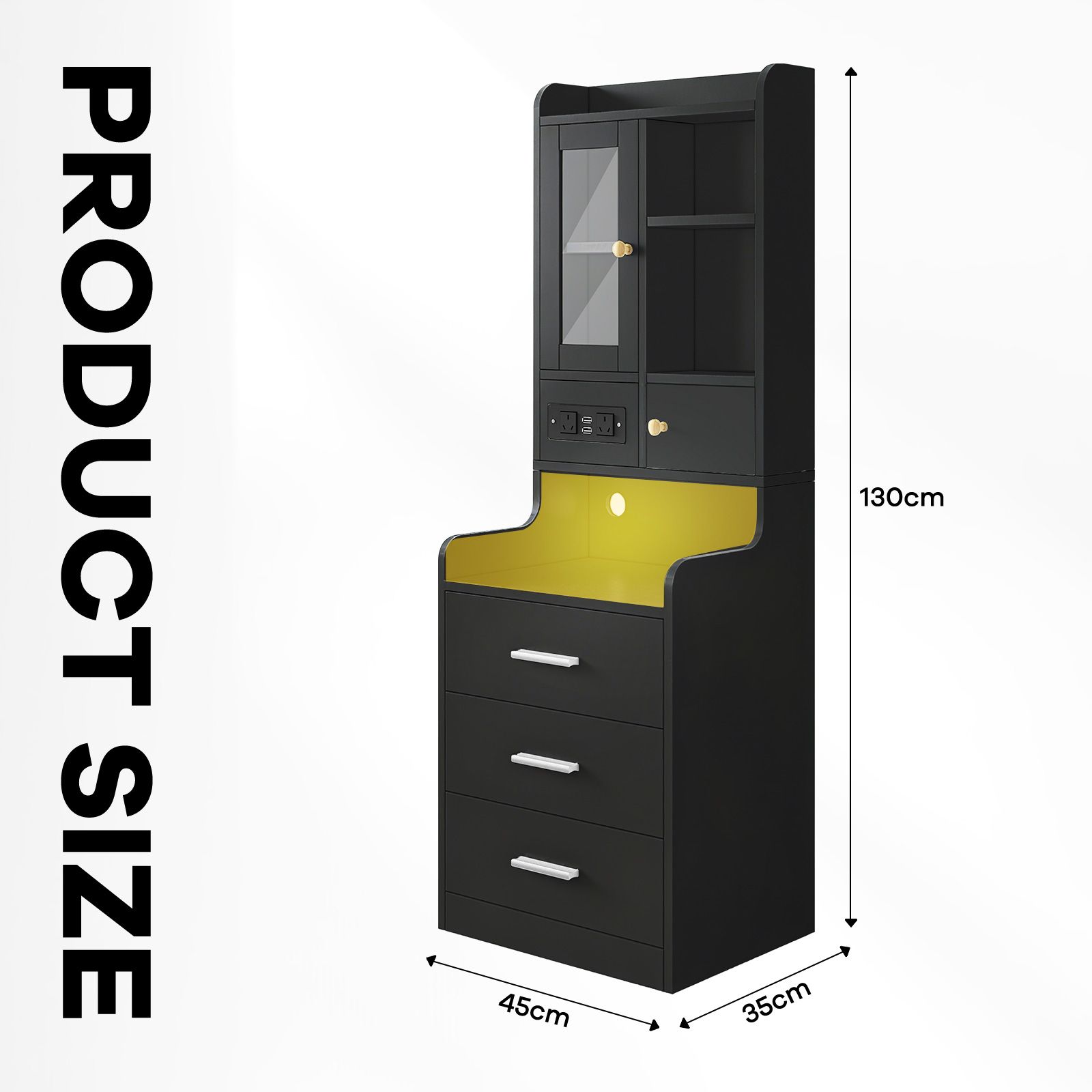 Bedside Table Bookshelf LED Nightstand Lamp Cabinet Wooden Shelving Unit Storage Drawers Shelves Compartments Stand Charging Station Acrylic Door