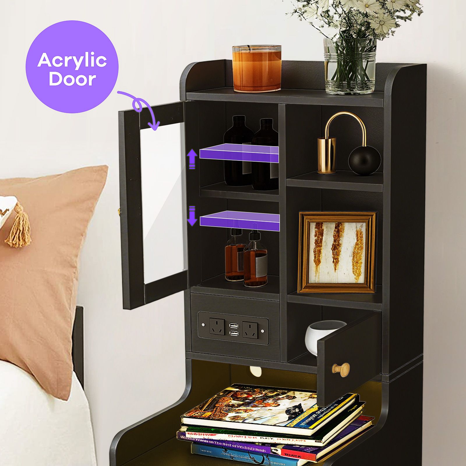 Bedside Table Bookshelf LED Nightstand Lamp Cabinet Wooden Shelving Unit Storage Drawers Shelves Compartments Stand Charging Station Acrylic Door