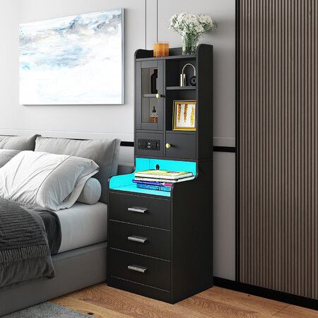 Bedside Table Bookshelf LED Nightstand Lamp Cabinet Wooden Shelving Unit Storage Drawers Shelves Compartments Stand Charging Station Acrylic Door