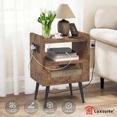 Bedside Table Side Nightstand Rattan Drawer Hall End Lamp Stand Coffee Laptop Desk Couch Storage Shelf with Charging Station Wooden Bedroom Furniture