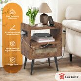 Bedside Table Side Nightstand Rattan Drawer Hall End Lamp Stand Coffee Laptop Desk Couch Storage Shelf with Charging Station Wooden Bedroom Furniture