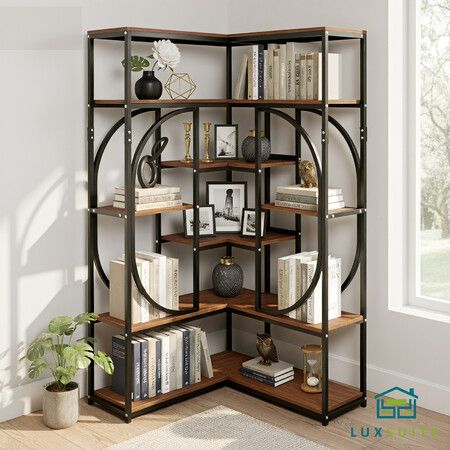 Bedroom Bookshelf Corner Open Book Shelves Display Storage Rack Shelving Unit Stand 5 Tier Bookcase L Shaped Tall Freestanding Home Office Organiser