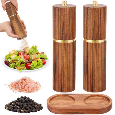 2Pcs Wooden Salt And Pepper Grinder Set With Tray Ceramic Grinding Core Pepper Mill Manual With Adjustable Coarseness For Cumin Salt And Pepper