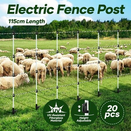 Electric Fence Post 20pcs Tread Step In Wire Temporary Fencing Garden Farm Livestock Cattle Sheep Insulators Poles Pigtail Fibreglass Adjustable Graze