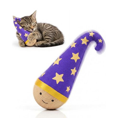 Wooden Interactive Cat Toy, Nienie Tumbler Wobble Toy for Indoor Cats, Self Righting Chaser with Wizard Hat and Stars, Blue