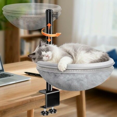 Cat Desk Bed Hammock with 360 Degree Rotating Height Adjustable Removable Dual-Sided Breathable Kitten Bed,Cats Furniture Attachment for Indoor Desk