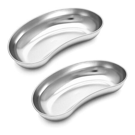 2Pcs 8inch Stainless Steel Kidney Tray, Kidney Shaped Emesis Basin, Dental Lab Instruments Surgical Trays, for Soiled Dressings, Medic Waster