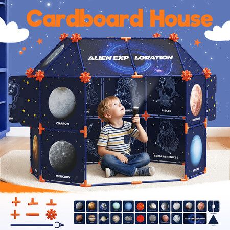 Kids Toys Cardboard House DIY Fort Building Kit Indoor Creative Play Space STEM Educational Learning Assembly Model Children Bedroom Decor 120x85x98cm