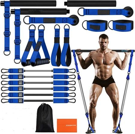 Pilates Bar Kit with Resistance Bands,Heavy Duty Pilates Equipment for Men,Training Bands with Handles for Legs,Shoulders,Portable Workout Equipment,Blue