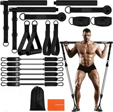 Pilates Bar Kit with Resistance Bands,Heavy Duty Pilates Equipment for Men,Training Bands with Handles for Legs,Shoulders,Portable Workout Equipment,Black