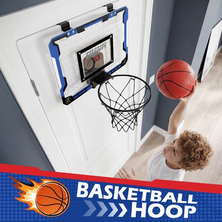 Basketball Hoop Backboard Scoreboard Ring System Set Over the Door Basket Ball Goal Breakaway Rim Indoor Childrens Adults Sport Game Toys Pump 39x28cm