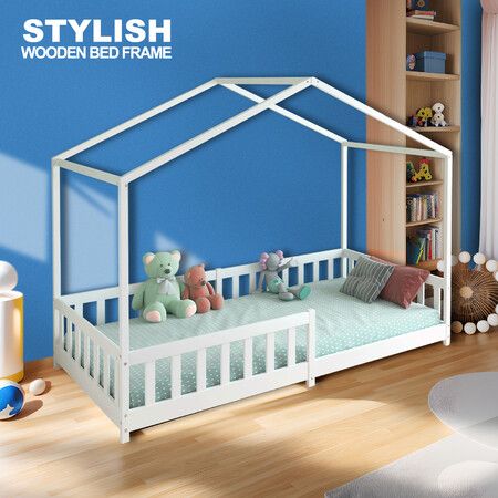 Wooden Bed Frame Single Size Toddler Mattress Base Floor Kids Bedroom Furniture Platform Foundation House Pine Wood with Children Safety Guard Rail