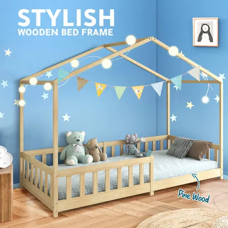 Wooden Bed Frame Single Size Toddler Mattress Base Kids Bedroom Furniture Floor Platform Foundation House Pine Wood with Children Safety Guard Rail