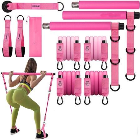 Pilates Bar Kit with Resistance Bands,Workout Equipment for Legs,Hip,Waist Exercise Equipment for Home Workouts Adjustable 3-Section Pilates Bar Kit