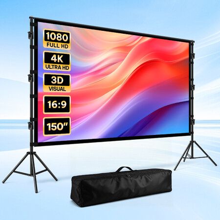 150 Inch Projector Screen Tripod Stands 4K Ultra HD 16:9 Large Home Cinema TV Projection Movie Theatre 3D Action Ready Portable Foldable Indoor Outdoor