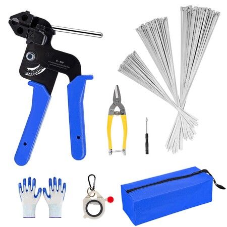 Stainless Steel Cable Tie Gun Set with 150pcs Heavy Duty Cable Ties Tool For Fastening And Cutting Metal Zip Ties for Chain Link Fence Parts(Blue)