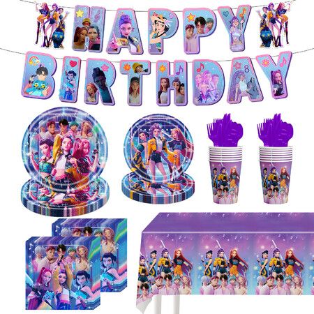 82 Pcs Kpop Birthday Decorations Kpop Party Plates Cups Knives Forks Spoons K-pop Party Supplies for Music Movie Theme Parties Supplies Serve 10 Guests