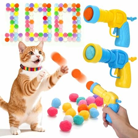 102PCS Cat Ball Launchers & Pom Pom Balls Interactive Cat Toy Set – Safe Soft Plush Kitten Toys for Indoor Cats,Fun Kitten Toys for Endless Active Play