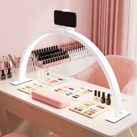 LED Beauty Desk Lamp Fill Light Half Moon Lash Extensions Salon Tattoo Eyelash Spa Facial Nail Skincare Makeup Tool Adjustable Brightness Phone Holder