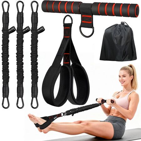 Multifunction Pedal Resistance Band with Handle, 3 Tube Adjustable Resistance Bands for Abdomen Leg Workout, Sit Up Exercise Equipment for Women (Black)