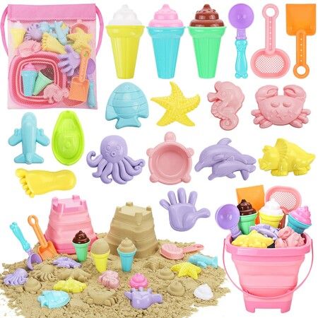 Beach Toys,Ice Cream Sand Toys For Kids,With Collapsible Bucket And Shovels For Kids With Bag,Travel Toys For Kids Boys Girls
