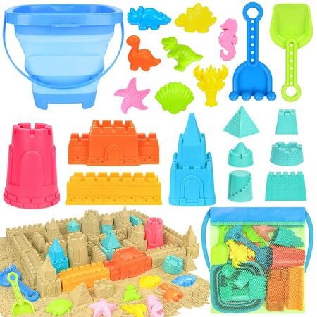 Collapsible Beach Toys For Kids,Collapsible Sand Bucket And Shovels Set With Mesh Bag,Travel Sand Castle Building Kit,Foldable Beach Toy For Kids