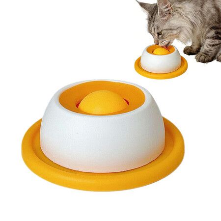Lick Sphere for Cats, Anxiety Relief Bowl with Rotating Ball, Slow Feeder Cat Bowl for Liquid Treats, Broth to Reduce Stress & Prevent Fast Eating (Yellow)