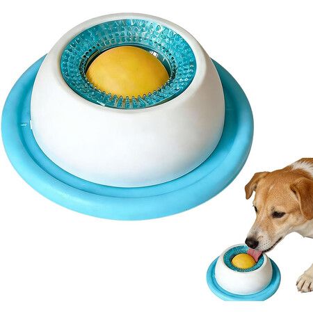 Lick Sphere for Dogs, Anxiety Relief Bowl with Rotating Ball, Slow Feeder Dog Bowl for Liquid Treats, Broth to Reduce Stress & Prevent Fast Eating (Blue)