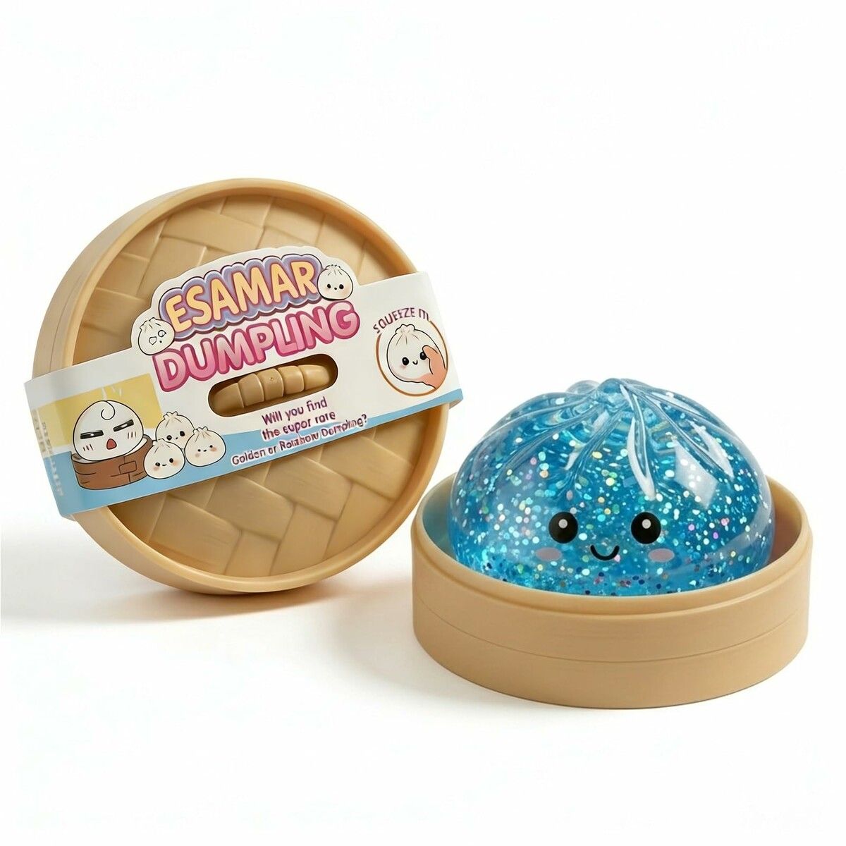 Dumpling Squeeze Toys,Glitter Dumpling Squeeze Toy with Steamer Box,Soft Dough Dumpling Stress Ball,Sensory Mystery Gifts,Classroom Prizes (Blue)