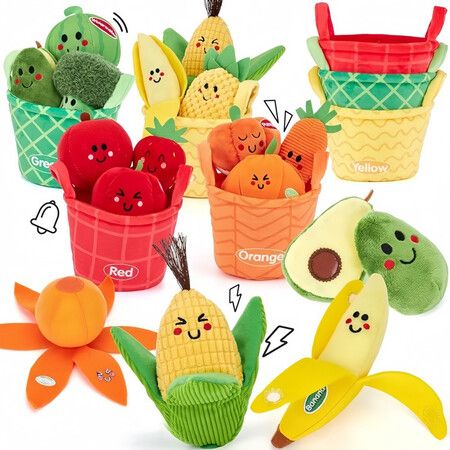 Kids Sensory Toys 16 PCS Fruit Vegetable Doll Color Sorting Play Food Crinkle,Rattle,Montessori Toys For Boy Girl Gifts Easter Basket Stuffers