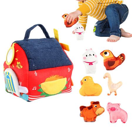 Plush Farm Toy Soft Portable Developmental Interactive Stuffed Animals Farm Animals With Carrier,For Boys Girls Kids Children