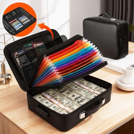 Fireproof Document Box with Combination Lock Fire Proof Waterproof File Organiser Home Travel Safe Hard Case Money Cash Storage Bag Portable Black