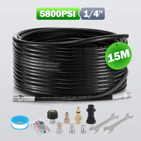 15m Sewer Jetter Kit for High Pressure Washer Blaster Drain Cleaner Hose 5800PSI 1/4 Inch NPT Corner Jetting Cleaning Pipe Button Nose Rotating Nozzle