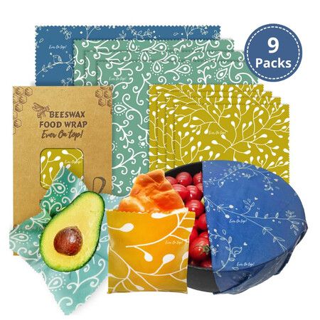 9 Pack Reusable Food Wrap Beeswax Wraps for Plastic-Free Food Storage Beeswax Food Wraps Wax Covers Lunch Wrap Sandwich Wrappers 1L,3M,5S