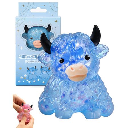 Glitter Highland Cow Squishies Fidget Toy,Soft Slow Rising Stress Relief Ball,Cute Sensory Squeeze Toy,Anxiety Relief Desk Decor,Easter Basket Stuffer Blue