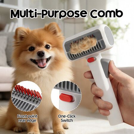 2 in 1 Pet Self-Detangling & Grooming Comb, One-Touch Switch Dematting Undercoat Rake for Dogs Cats