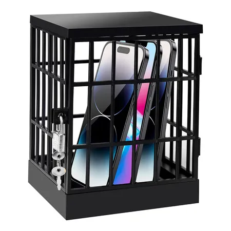 Cell Phone Jail Phone Cage with Lock and Key, Phone Lock Box, Cell Phone Locker for Classroom, Family, Black