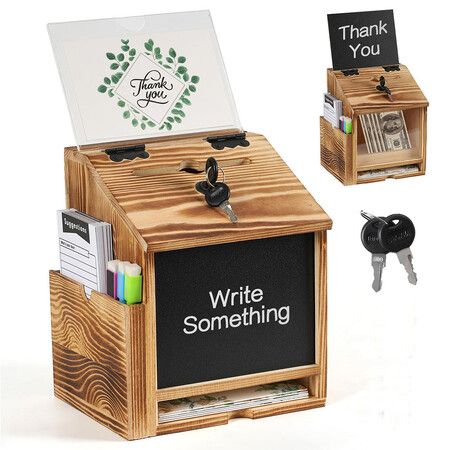 Suggestion Box with 10 Suggestion Cards, Wood Donation Box with Slot and Lock Prayer Boxes for Fundraising Tip Drop Ballot Boxes for Church Office
