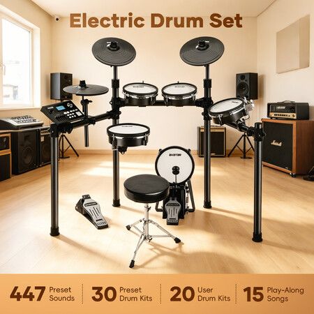 Electronic Drum Kit for Beginners Adults Electric Mesh Digital Drumset 447 Sounds 50 Kits Dual Zone Pads Cymbals Kick Tower USB MIDI Pedals Throne