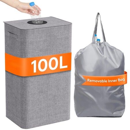 100L Recycling Storage Bin with Lid,26 Gallon Laundry Hamper with Reusable Inner Bag,Tall Kitchen Recycling Bin & Toy Organizer,Color Grey